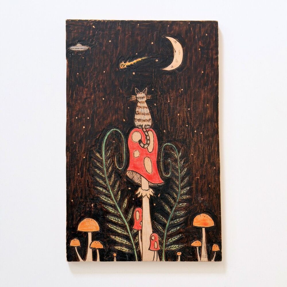 Vintage Folk Art Wood Burning Painting Cat Mushroom Moon Pyrography Wall Art